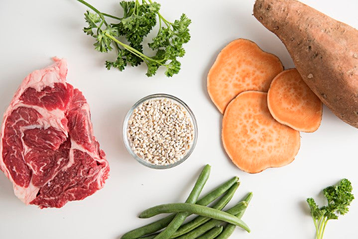 Saint Rocco's Treats Entree Sampler features raw steak, sweet potato slices, green beans, parsley, and grains—artfully arranged on a white surface for an ideal gently-cooked dog food entree.